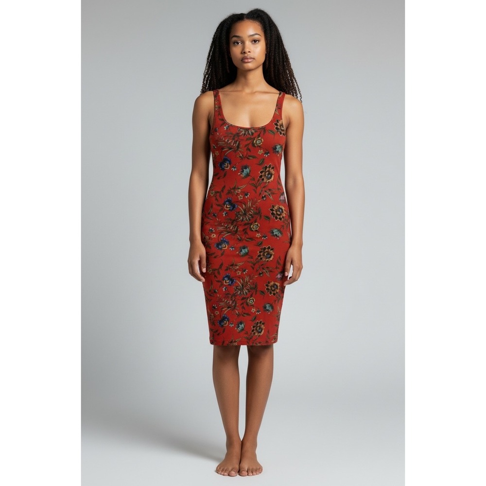 Zara Trafaluc Red Floral Bodycon Midi Dress Sleeveless Scoop Neck Size Small